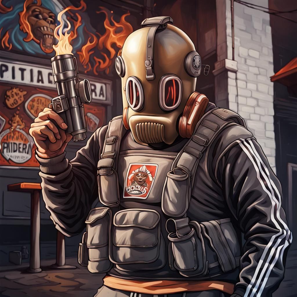 Soldier in Armor Squatting Before Burning Pizzeria