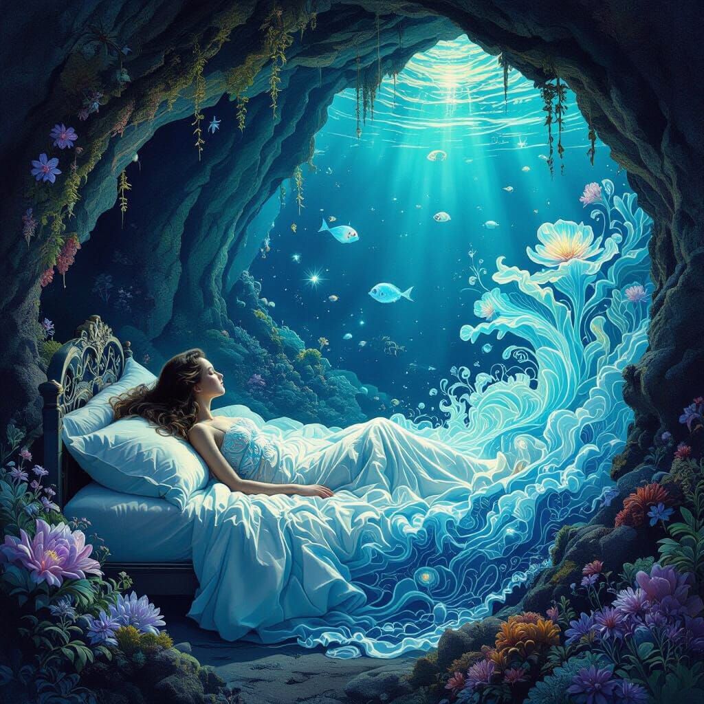 Surreal Woman Transforms Into Ocean Cave Art