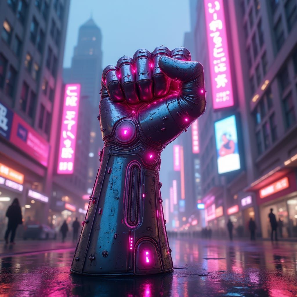 Cyberpunk Fist Rises Up in Defiance, Against a Gritty, High-...