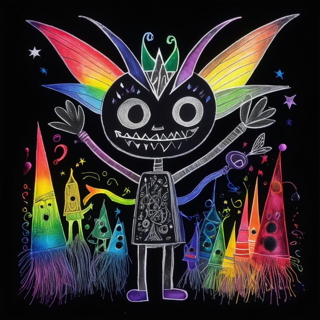 Surreal Friendly Demon in Crayon Style with Rayograph Elemen...