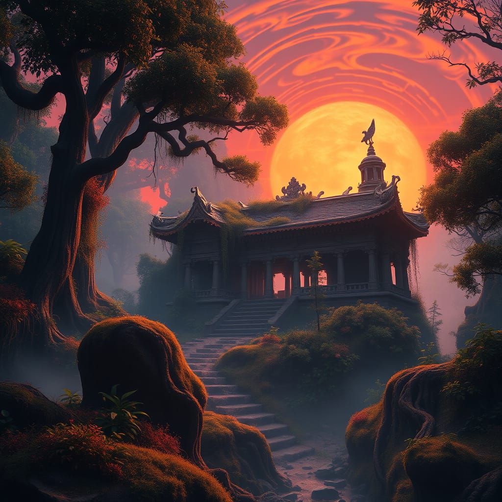 Ancient Temple in Primeval Forest at Sunset