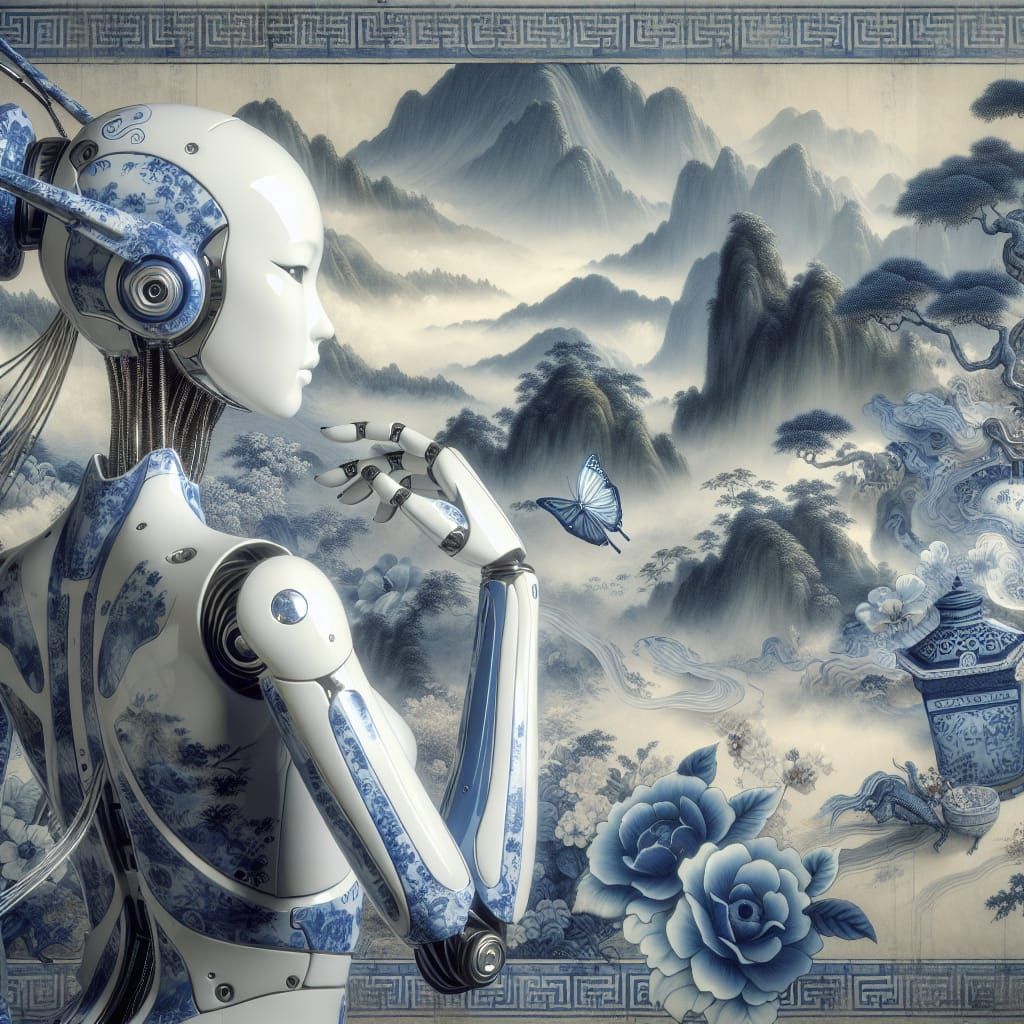 Cybernetic Qing Dynasty Woman in Romantic Landscape