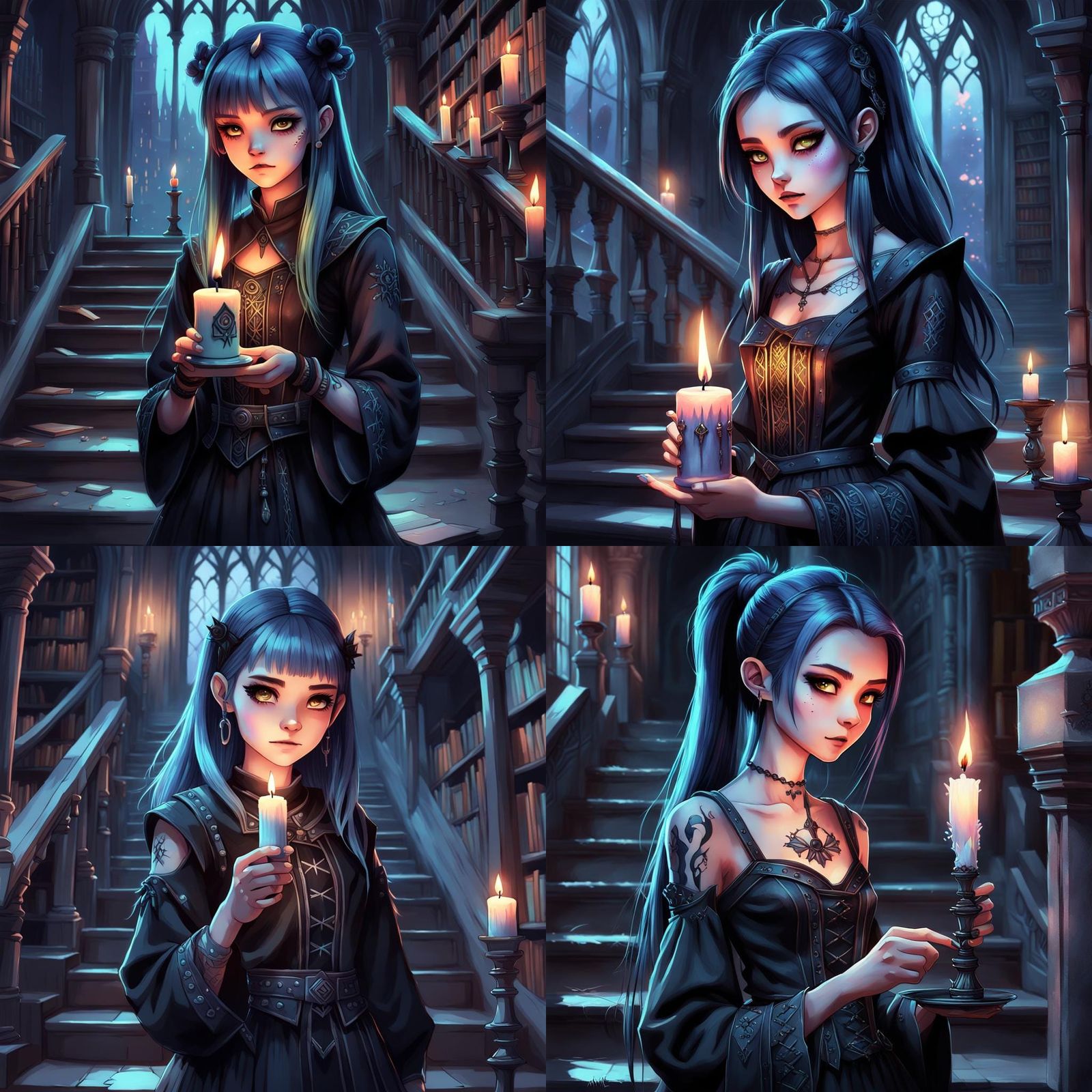 pastel drawing, woman holding a lit candle in her hand, goth...