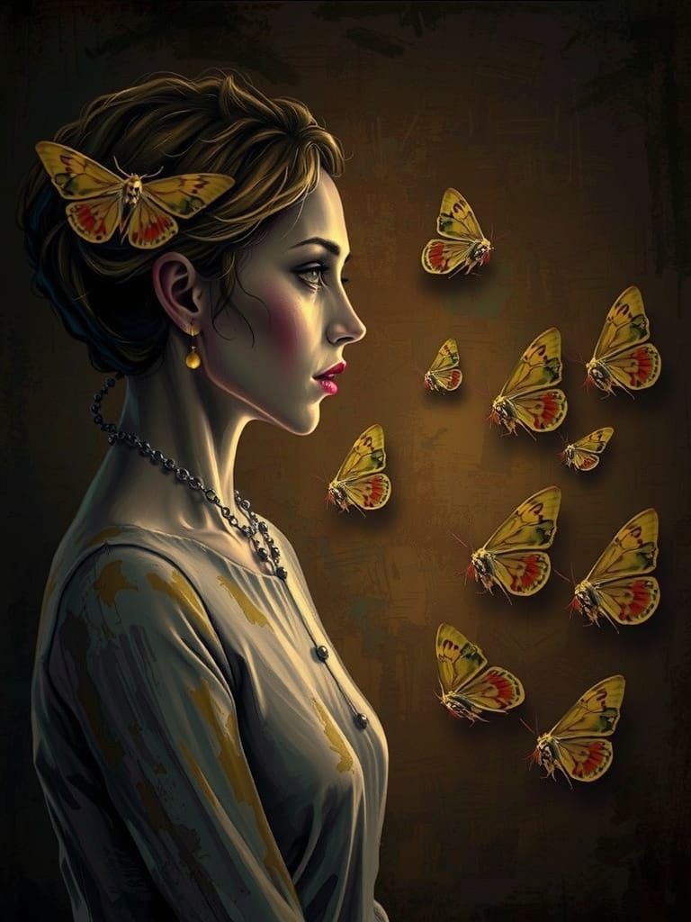 Unstable Woman Conversing with Shifting Moths in Surreal Hor...