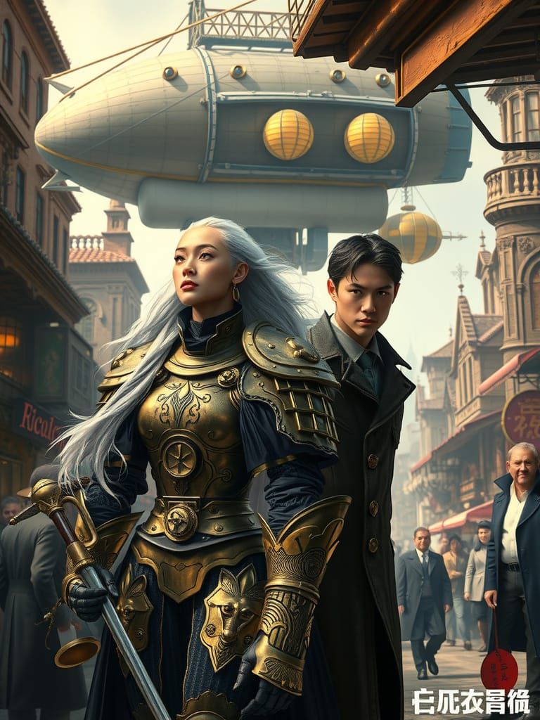 Steampunk Cavalier and Detective in Bustling Marketplace