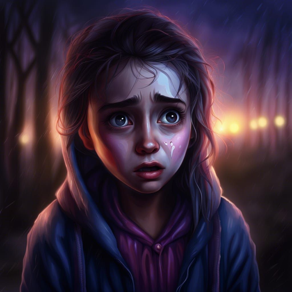Frightened Girl in Twilight: Digital Art