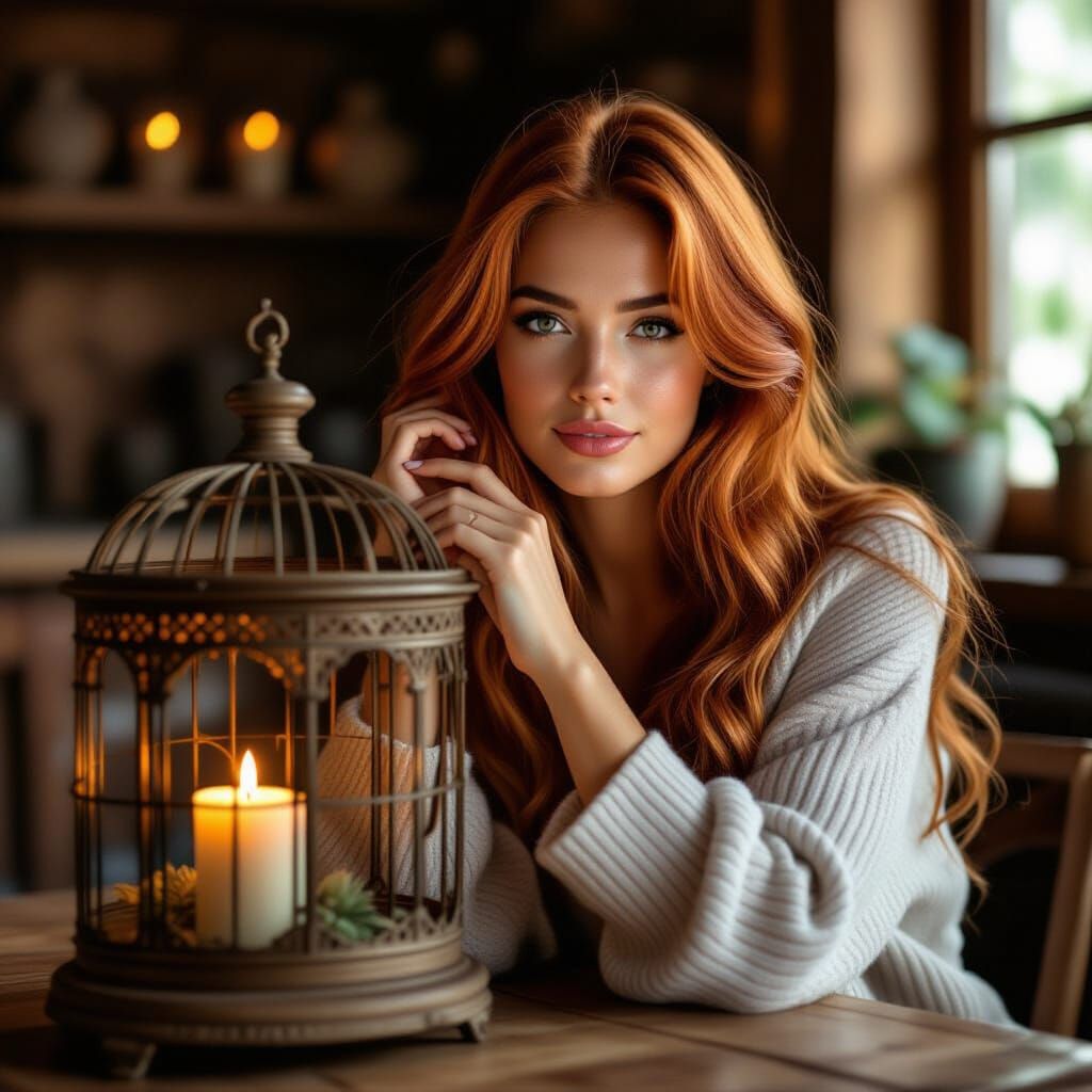 Woman Gently Touches Empty Birdcage in Warm Candlelight