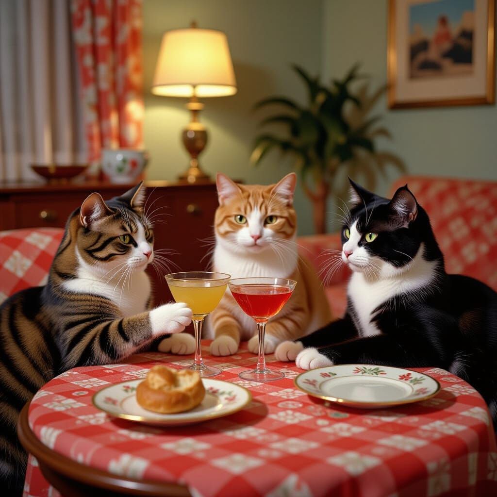 Cats Enjoy Cocktail Party in Retro 1950s Living Room