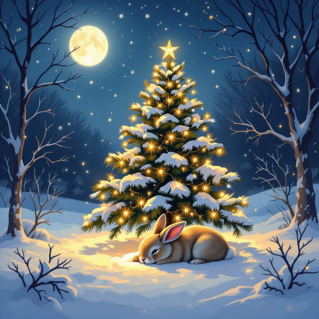 Magical Christmas Tree with Sleeping Bunny in Snowy Landscap...