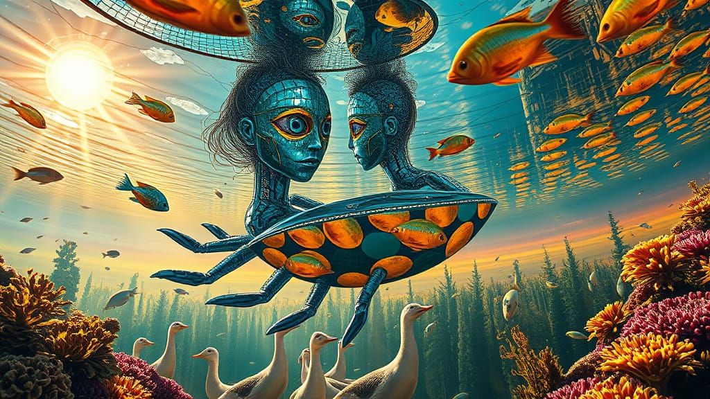 Surreal Underwater Fractal Figure Amidst Marine Life