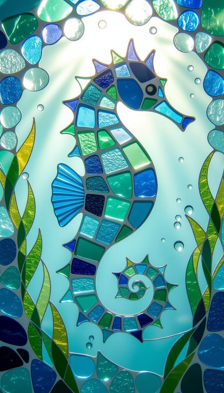 Sea Glass Mosaic Seahorse in Ethereal Underwater Light