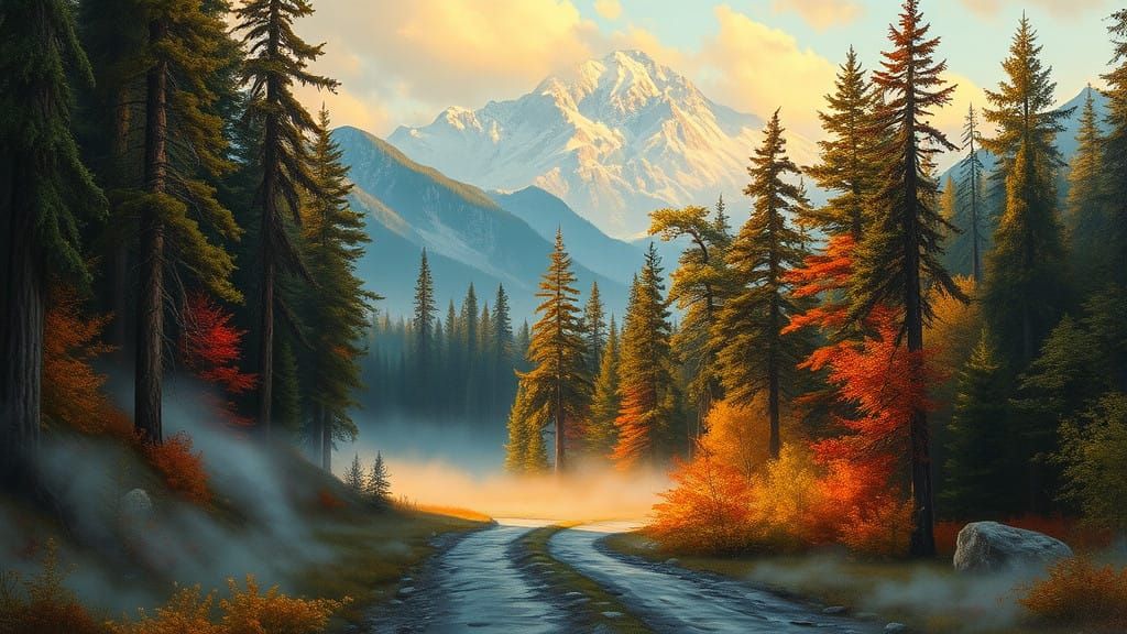 Dreamy Forest Pathway in Whimsical Oil Painting Style