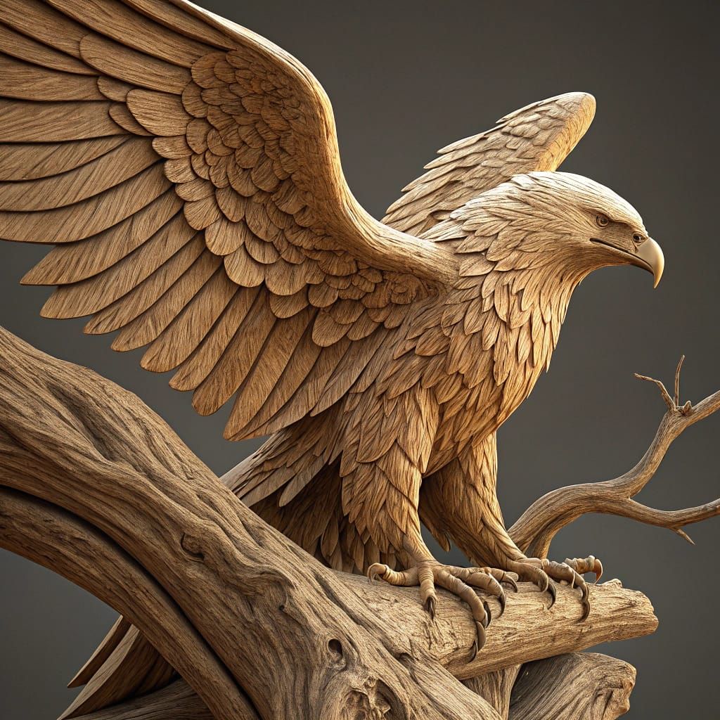 Wooden Eagle Sculpture with Spread Wings