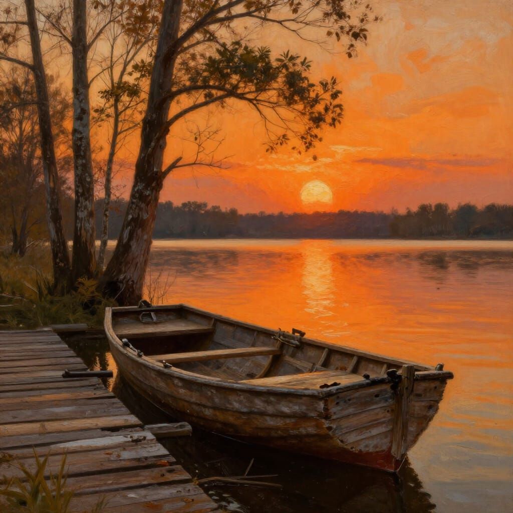 Old Rowboat on Abandoned Dock at Sunset