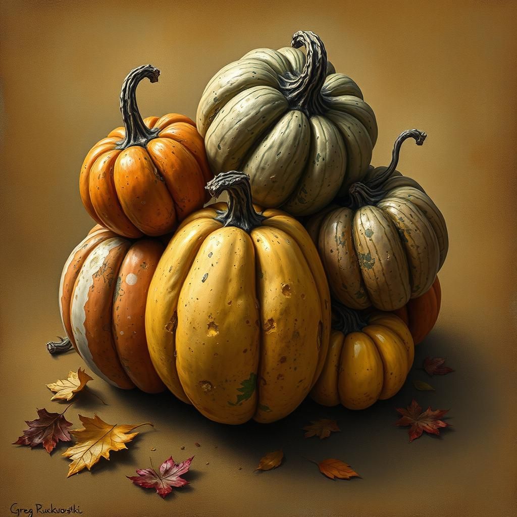 Sinister Autumn Gourds in Oil Painting Style