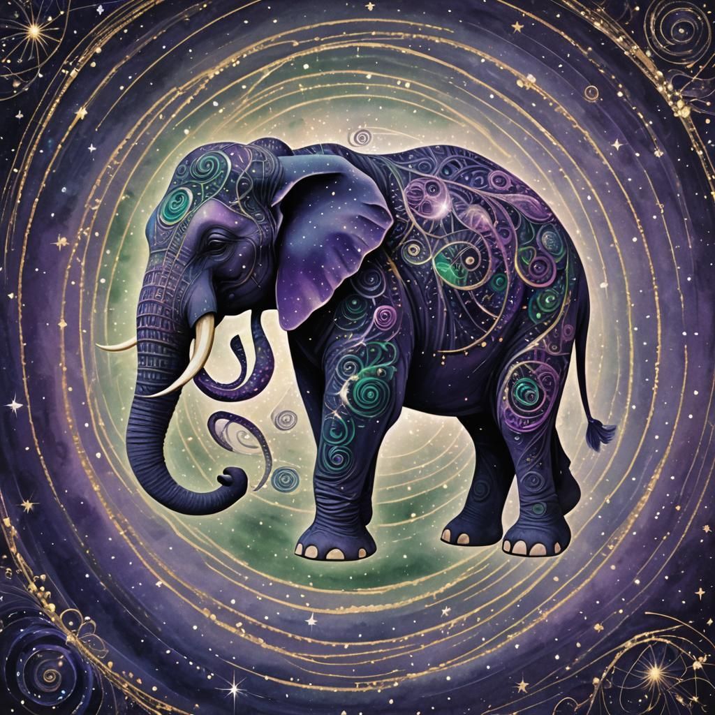 Intricate Purple Elephant with 4D Spiral of Light