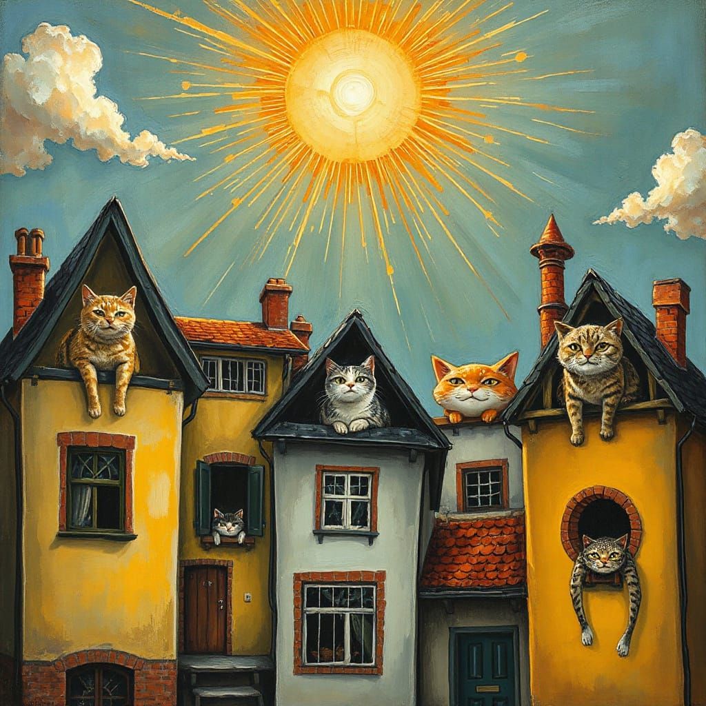 Whimsical Houses and Catfish Faces Oil Painting