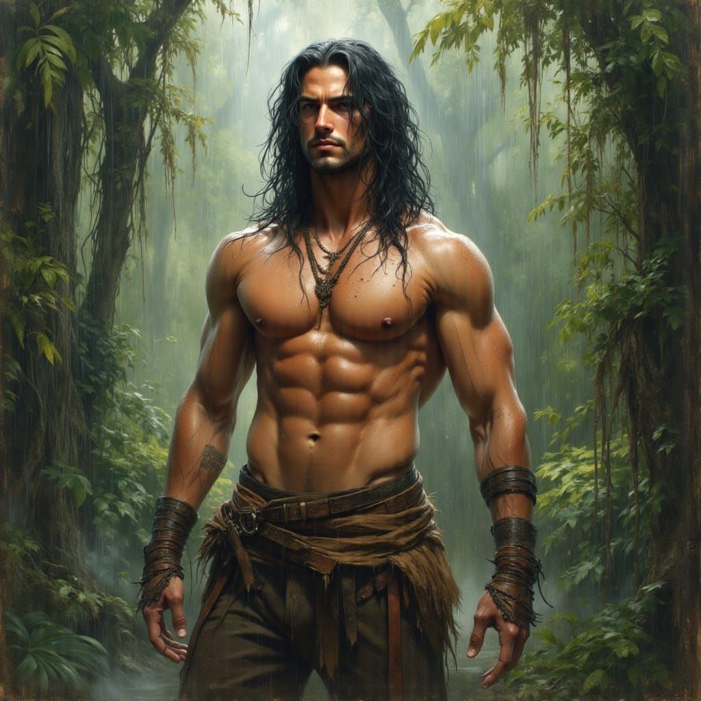 Muscular Man in Jungle Rain, Impressionist Portrait
