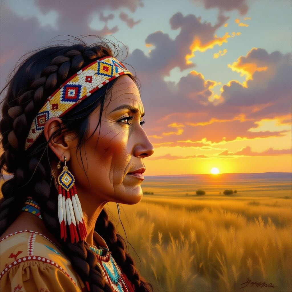 Native American Woman Gazes at Golden Prairie Sunset