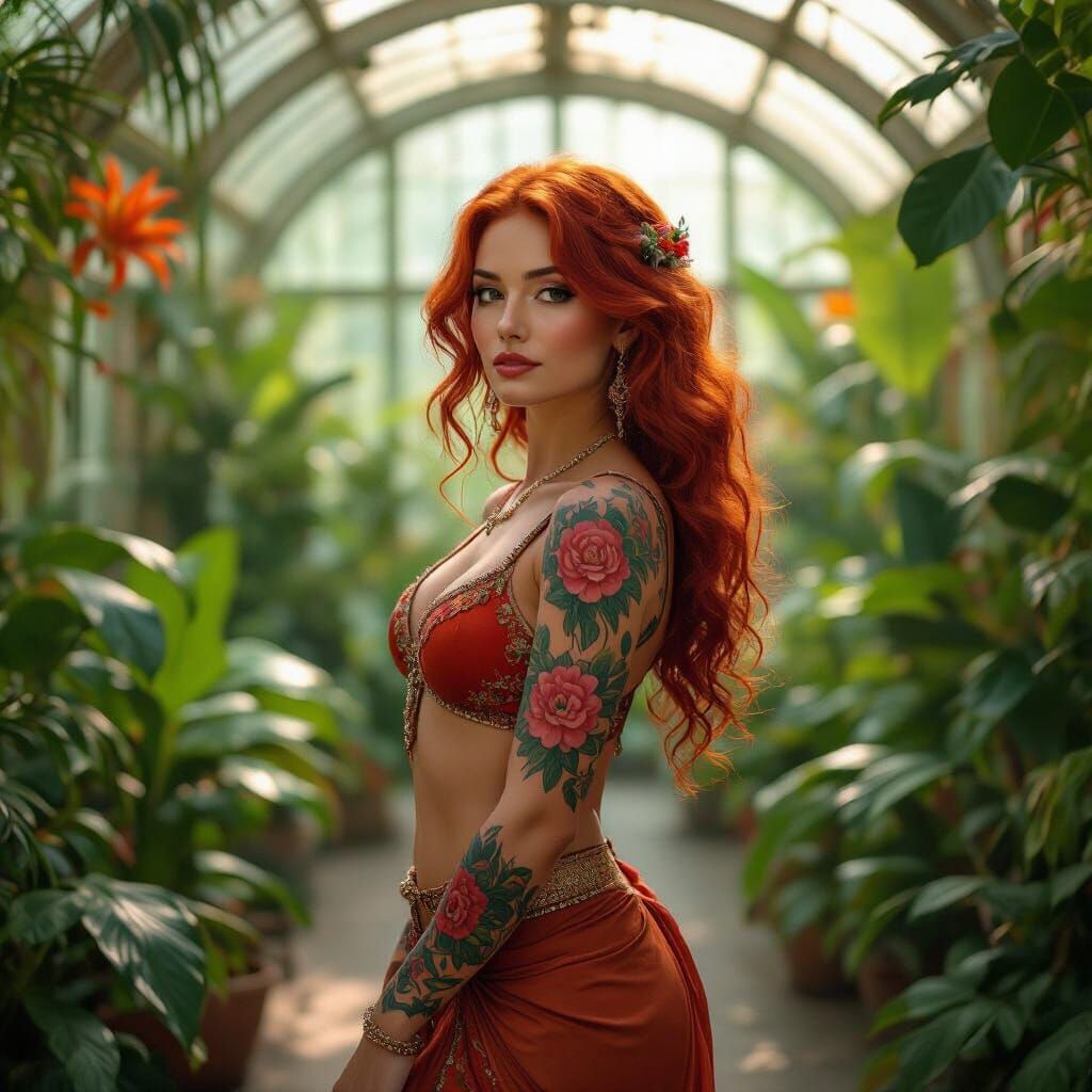 Indian Dancer with Floral Tattoos in Art Nouveau Style