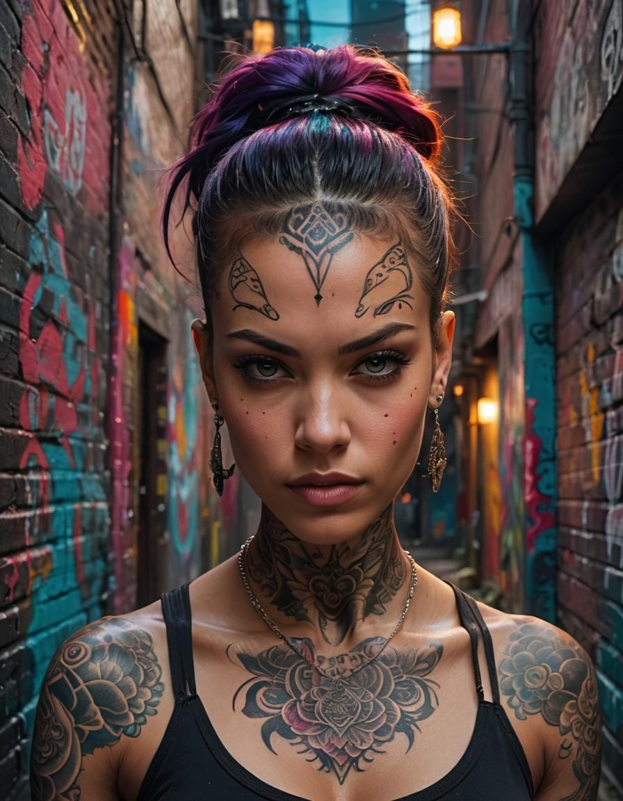 Tattooed Woman Portrait in Graffiti Alley