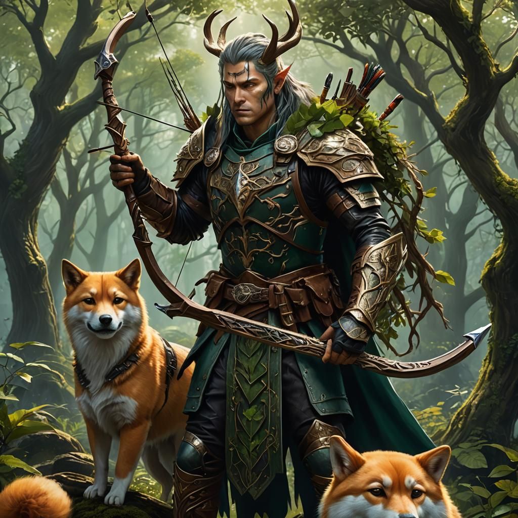 Dryad Hunter with Shiba Inu: Fantasy Concept Art