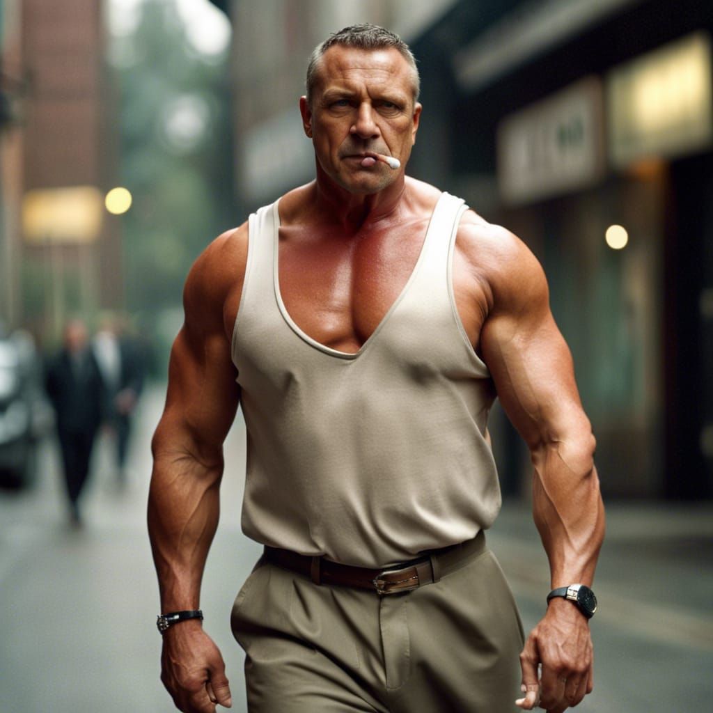 Muscular Bodybuilder Smoking on the Street