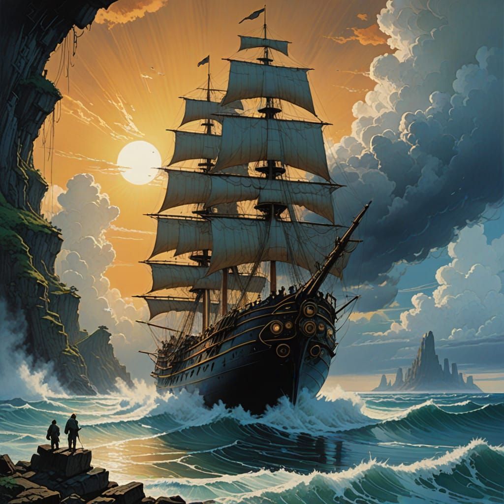 Steampunk Sailing Vessel Soars Across Heavenly Skies