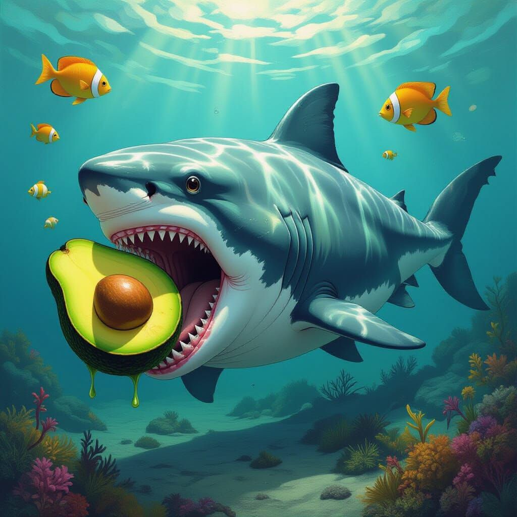 Surreal Shark With Avocado in Mouth