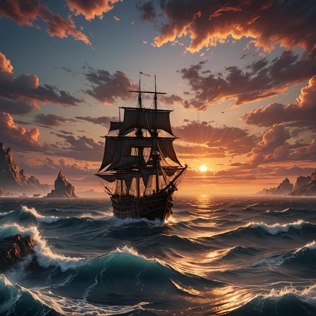 Mesmerizing Sunset at Sea in Detailed Matte Painting