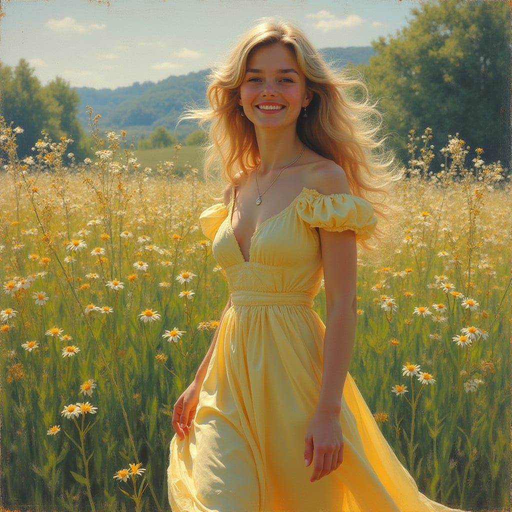 Elegant Blonde Woman in a Lavender Dress Strolls Through a F...