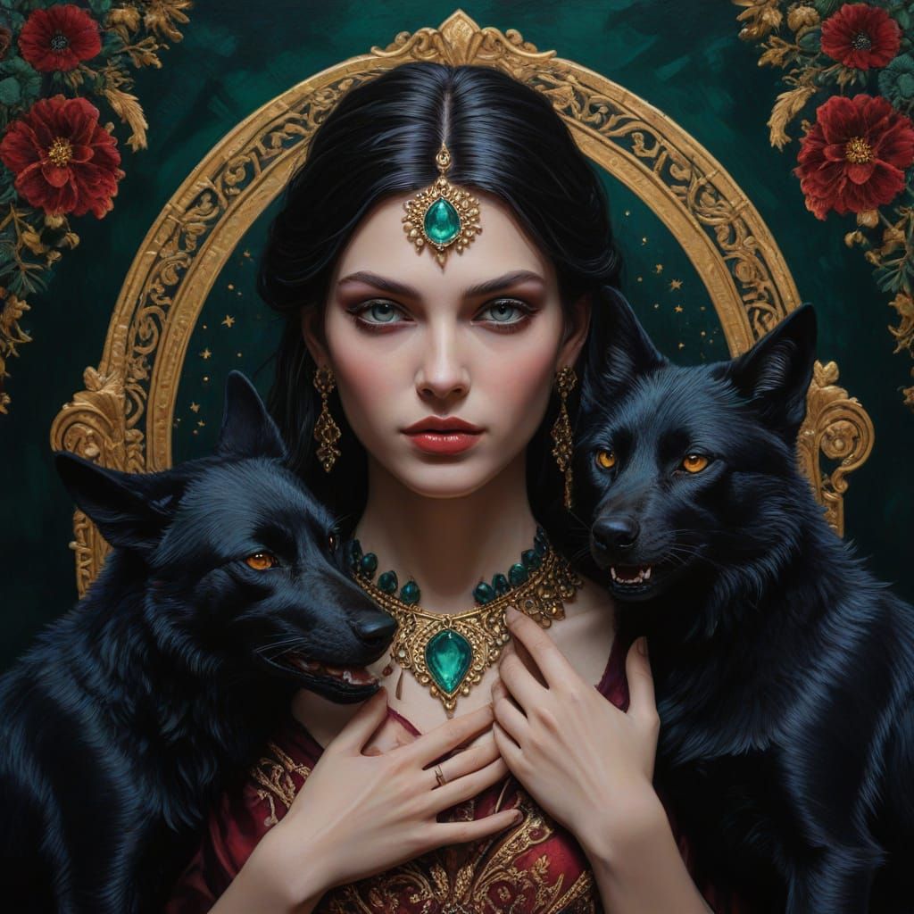 Lilith and Demonesses with Black Wolf, Dark Fantasy Art