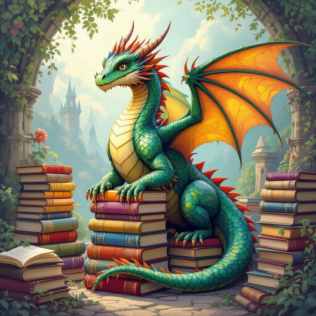 Vibrant Dragon Amongst Colorful Books in Fantasy Style