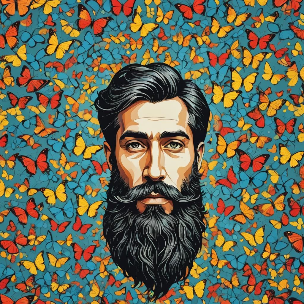 Beard Full of Butterflies: Pop Art Screen Print