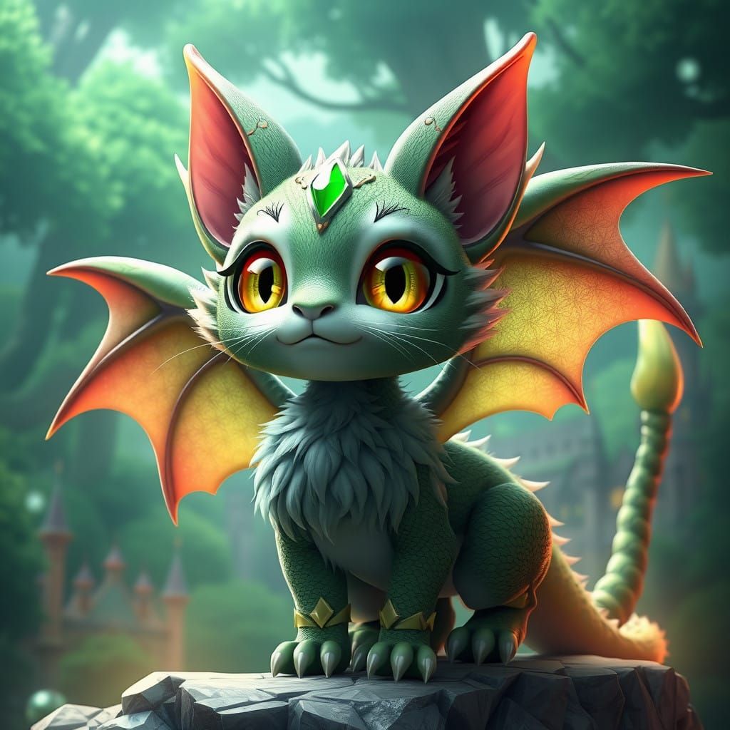 Cyberpunk-Inspired Dragon Cat in a Verdant Castle Setting