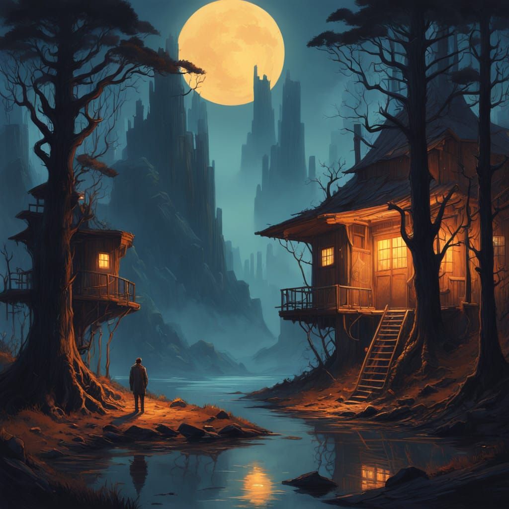 Mysterious Dusk Landscape in Earthy Tones with Golden Accent...