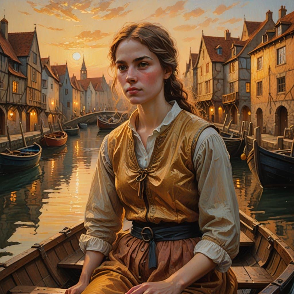 Impressionist Woman in Harbour Oil Painting