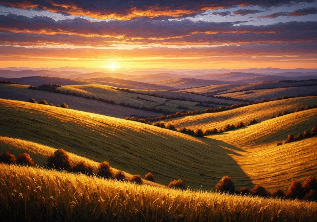 Golden Sunset Over Hills as Impasto Painting