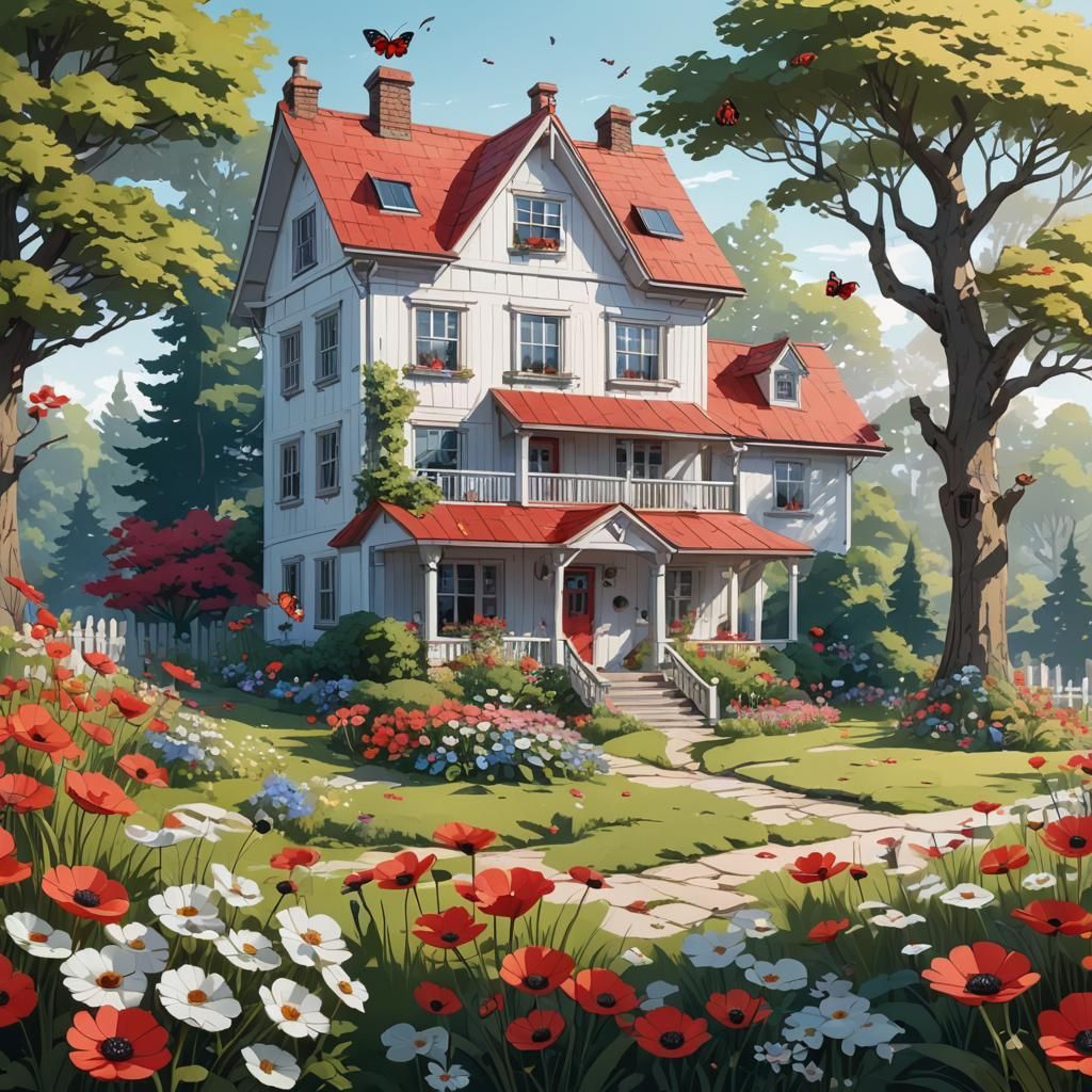 Anime Style Country House Surrounded by Anemones