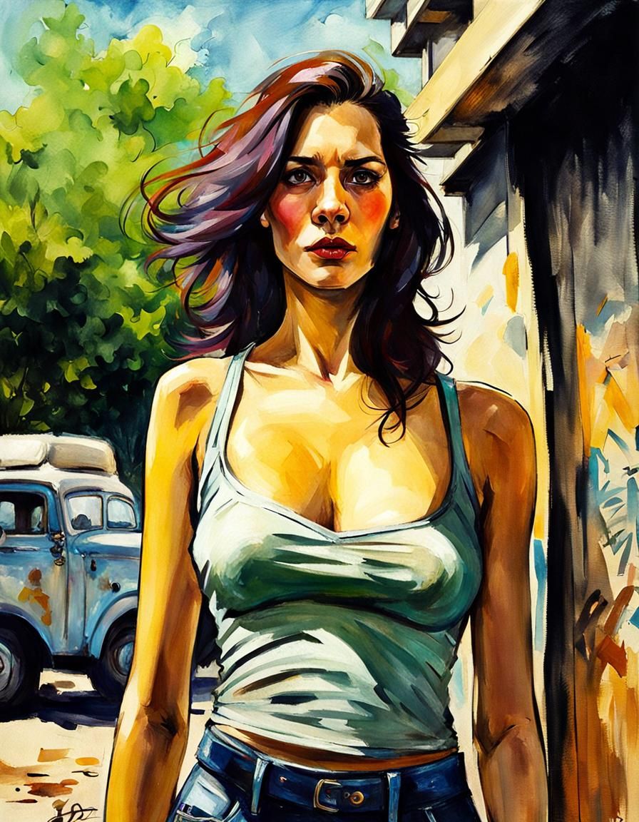 Woman in Outdoor Portrait, Comic Book Illustration