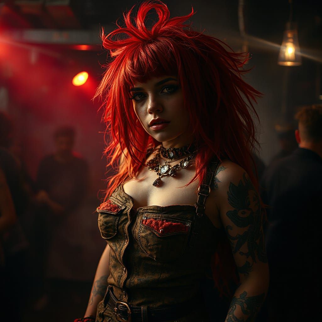 Punk Rock Woman with Fiery Hair in a Smoky Venue