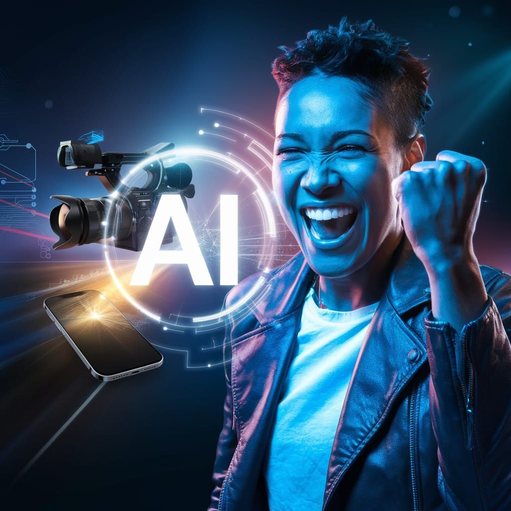 Excited Person Celebrates AI-Assisted Video Creation