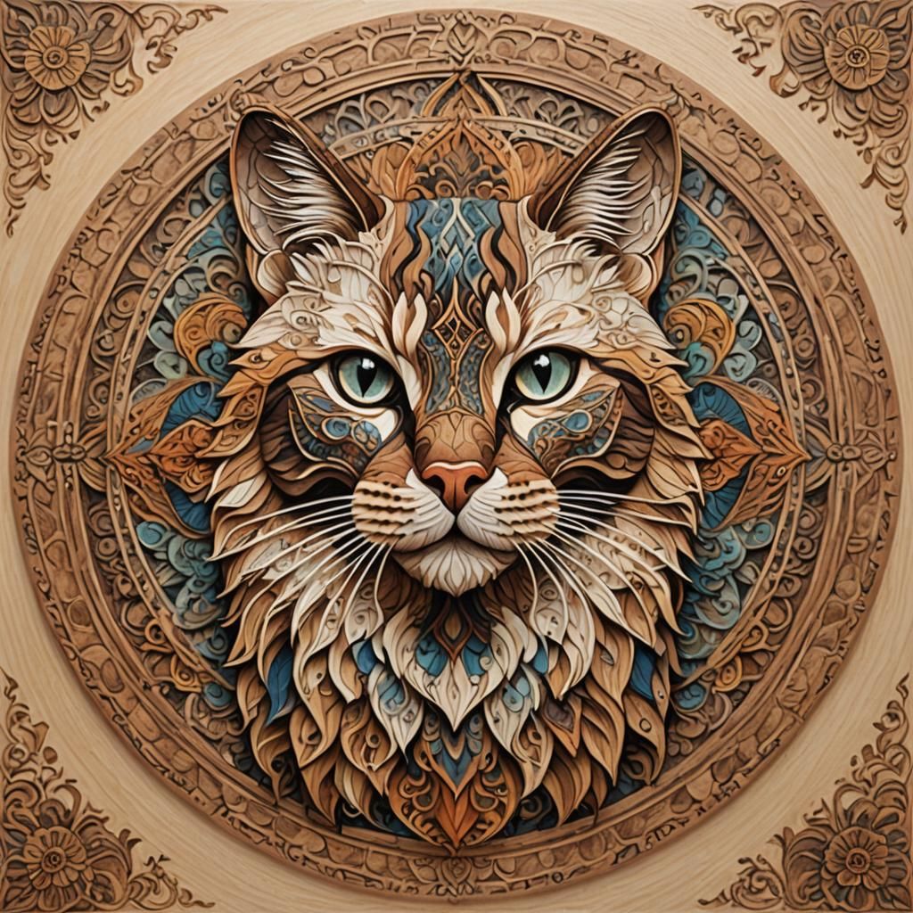 Detailed Marquetry Portrait of a Cat