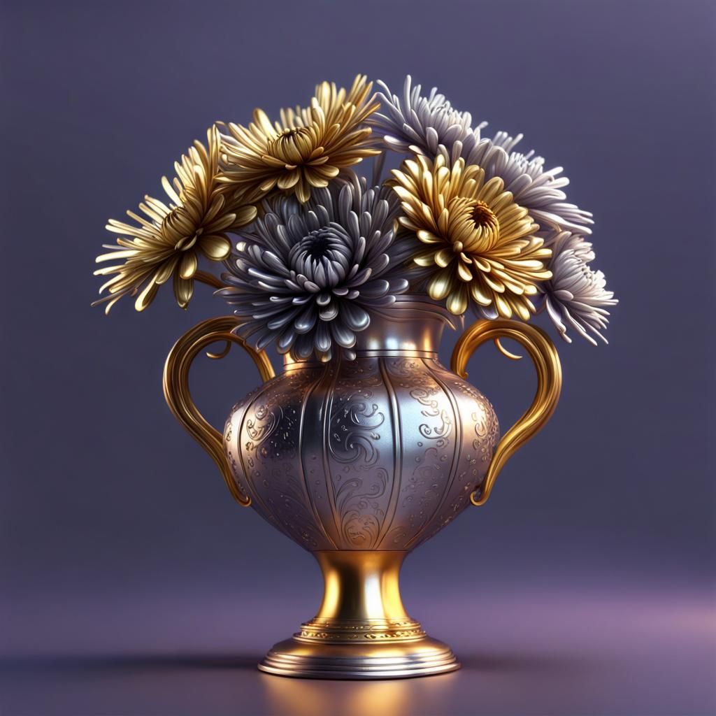 Metallic Chrysanthemums in Golden Vase, Hyperrealistic Art