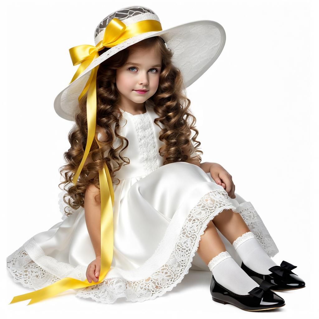 Girl in White Dress Curtsies on White Background