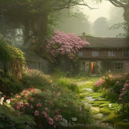Lush Cottagecore Garden Under Sunlight, Hyperdetailed Art