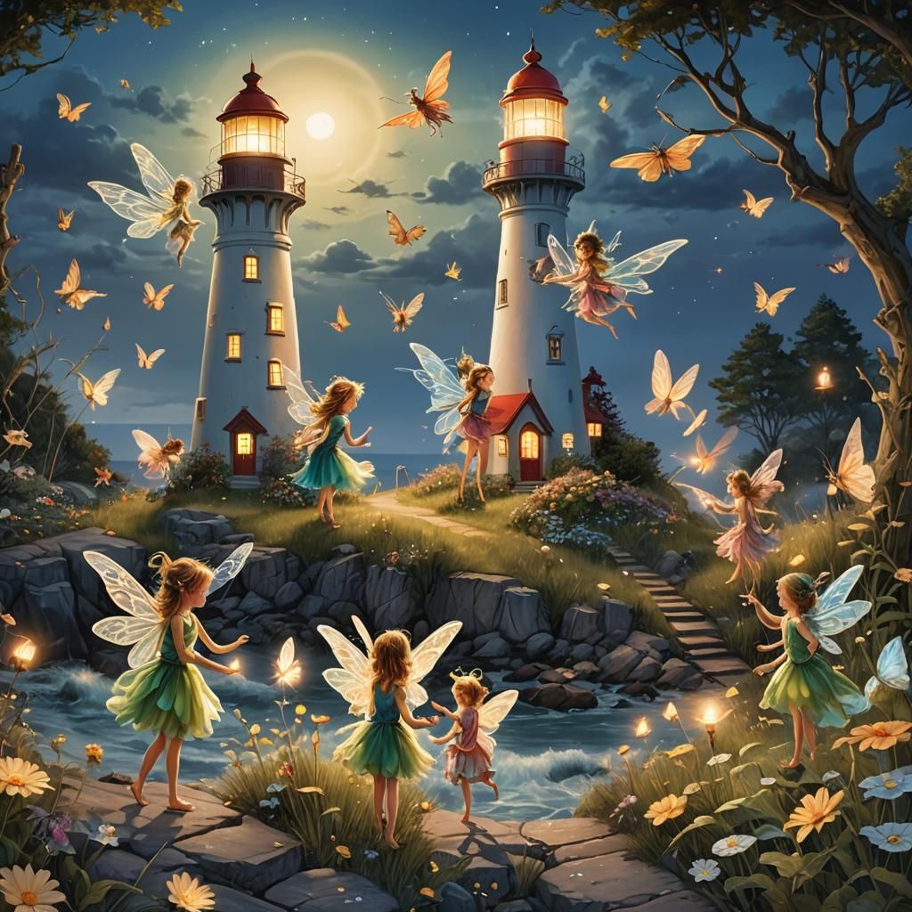 Fairies Gathered by a Coastal Lighthouse