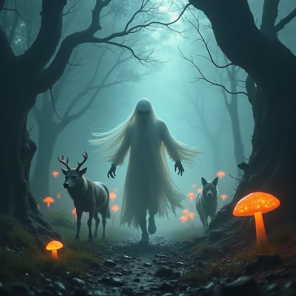 Ethereal Ghost Chasing Mythical Creatures in Forest