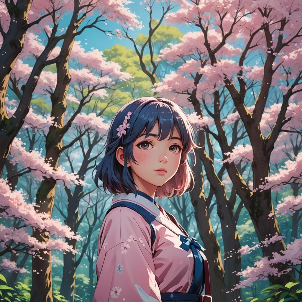 Serene Anime Girl in Lush Blossom Forest
