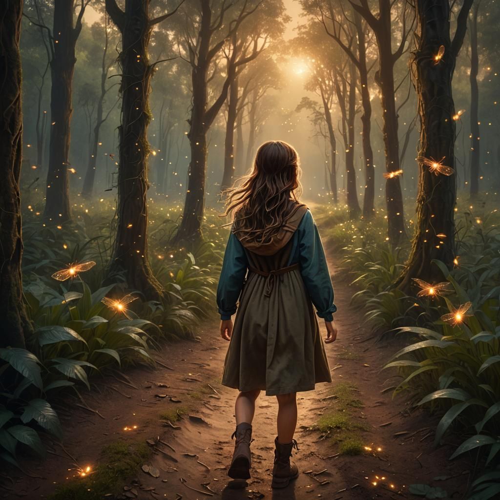 Girl Walks Mystical Forest Path at Golden Hour